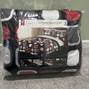8 Piece Abstract Red Black Grey Full Size Comforter Set Bed in a Bag NEW - Picture 1 of 4
