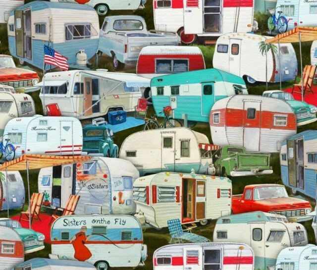 Vintage Travel Trailers Summer Campers by Yards Elizabeth's Studio Cotton Fabric