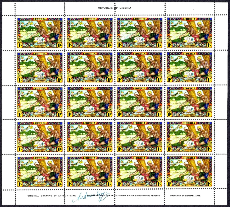Liberia 1949 1c stamp full sheet signed by ARTHUR SZYK, designer, Judaica, MNH - Image 1 of 1