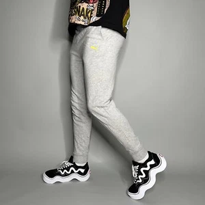 Puma Sweatpants Youth L Light Grey Cotton Joggers Neon Logo - Picture 1 of 4