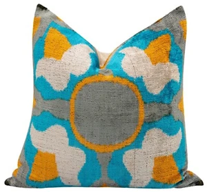 Handmade Velvet Throw Pillow with Blue, Yellow, and Gray Geometric - 20"X20" - Picture 1 of 6