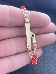Evil Eye Armband 6" Zoll rote Koralle 14k Gelbgold ID Armband mit Korallen - Bild 1 von 5