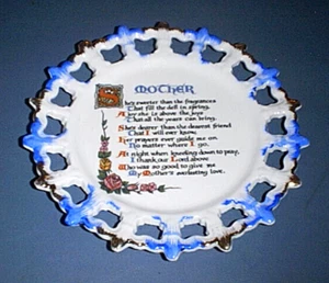Plato de pared de porcelana de colección con celosía azul y borde dorado poema de amor de madre Japón - Imagen 1 de 3
