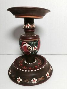 7.5" W/Flowers Hand Painted Wooden Pillar Candle Holder a405
