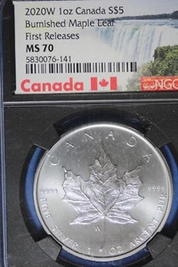 2020 W NGC MS70 CANADA $5 DOLLARS BURNISHED MAPLE LEAF #B49699 - Picture 1 of 2