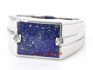 Natural Lapis Lazuli Gemstone With 14K White Gold Plated Silver Men's Ring #991