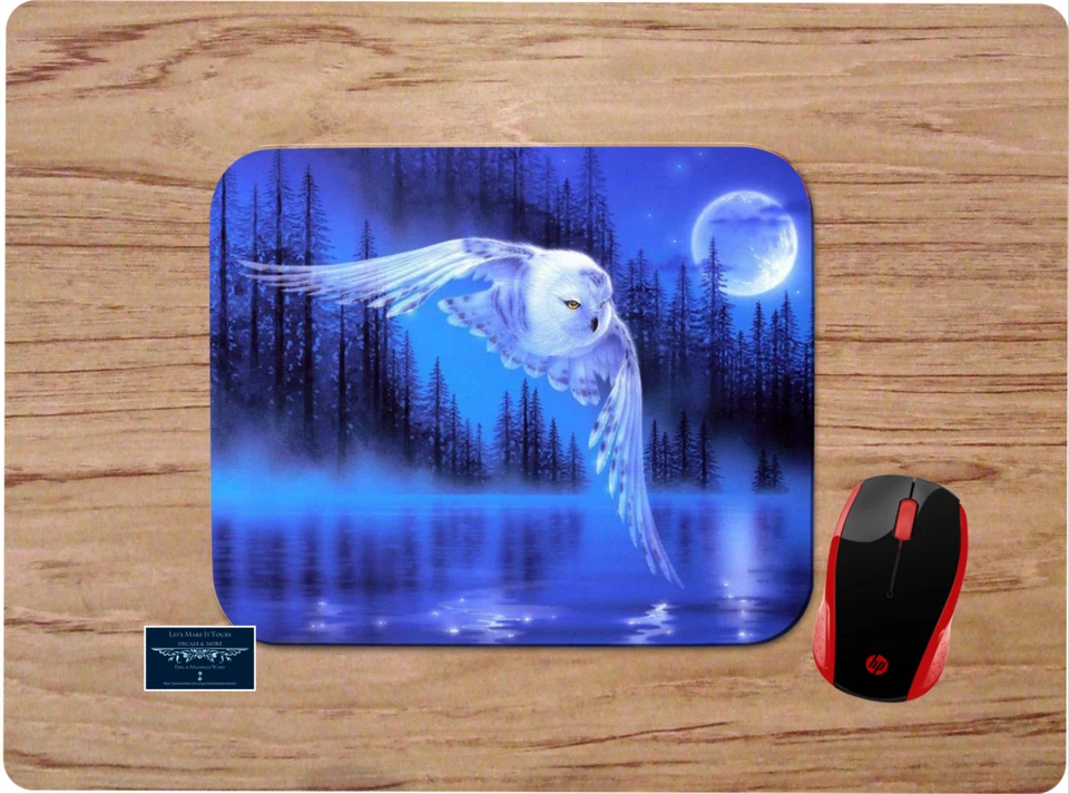 SNOWY WHITE OWL WATER MOON NIGHT NATURE SCENE ART BLUE MOUSE PAD DESK MAT GIFT - Image 1 of 1