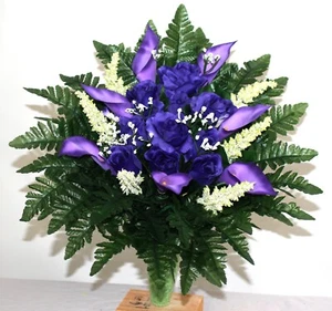Handcrafted Purple Roses with Purple Calla Lilies Cemetery Flower Mausoleum - Picture 1 of 9