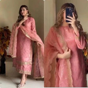 New Fashionable Roman Silk Kurta Palazzo With Tabby Organza Dupatta For Women - Picture 1 of 15