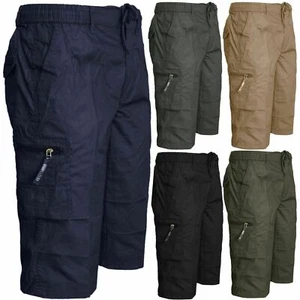 Men's Plain 3/4 Shorts Elasticated Waist Cargo Combat Long Pants Trousers M-3XL - Picture 1 of 25