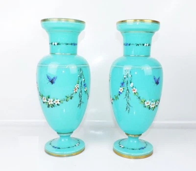 Old Vases Opal Glass Email Painting Um 1890 Bohemia - image 1 of 4