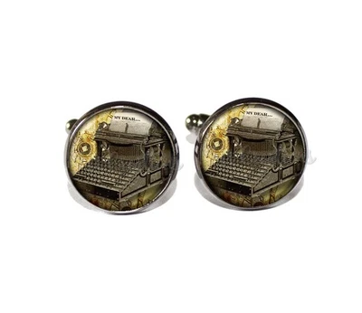 Vintage Typewriter Writer Gift for Him - Handmade Round Glass Metal Cufflinks - Image 1 of 3