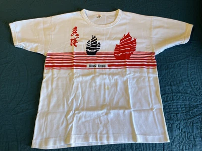 VTG 70’s Ringer T-shirt Hong Kong white W/ red & Black Sailboat, Brand Rambo L - Image 1 of 4