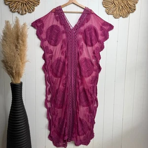 Free People kaftan all tous one-piece coverup sheer floral embroidered pullover - Picture 1 of 7
