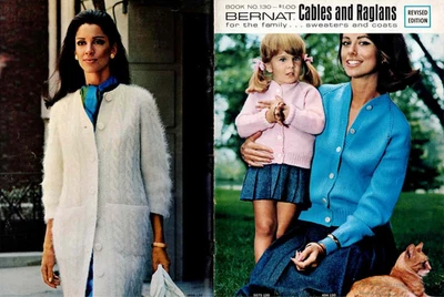 Cables Raglans Family Knitting Knit Pattern Bernat Book No 130 Revised 1972 VTG - Image 1 of 4