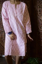 Women's Tunic Dress Floral Cotton Pink Chikankari Embroidered Kurti Dress M 