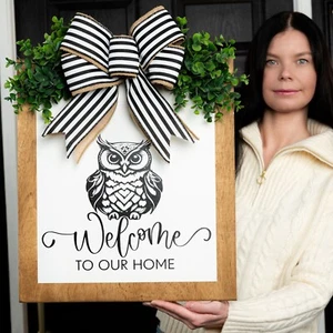 Front Door Decor Wreath Owl Stuffed Welcome Hanger Custom 16x18" - Picture 1 of 5