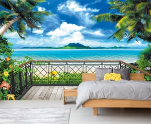 3D Ocean Beach Balcony Self-Adhesive Wall Mural Poster XXL Wallpaper for Bedroom - Picture 1 of 5