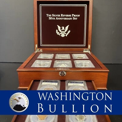 PCS The Silver Reverse Proof 50th Anniversary Set com Vitrine de Vidro 10 Moedas - Imagem 1 de 4