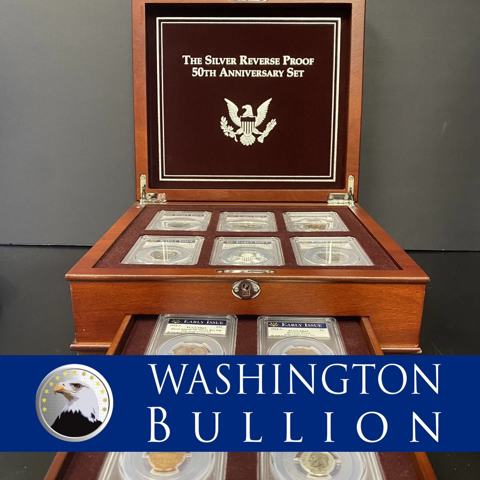 PCS The Silver Reverse Proof 50th Anniversary Set W/ Glass Display Case 10 Coins - Image 1 of 4