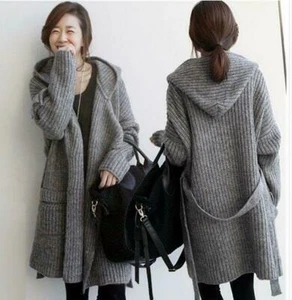Women's Knit Sweater Long Coats Belted Thickened Hooded Cardigan Loose Jacket - Picture 1 of 5