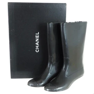 Vintage CHANEL Rain Boots Black Patent Mid Calf CC Logo Lined Dust Bag Size 39. - Picture 1 of 9