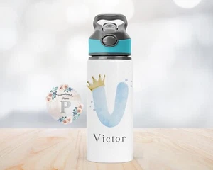 Personalised Prince Boys Crown Blue Metal Water Drinks Bottle Spill Proof Bottle - Picture 1 of 7