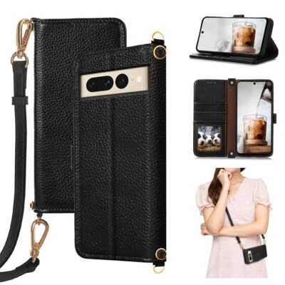For Google Pixel Crossbody Strap Real Leather Wallet Case Diamond Litchi - Image 1 of 4