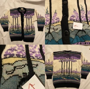 VTG Past Times Wool Fair Isle Purple Green Cardigan Sweater Knit Check Measurem. - Picture 1 of 13