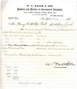 1872 WT Hatch Son Stock Certificado Carta Pacific Guano Shares Wall Street NY - Imagen 1 de 2
