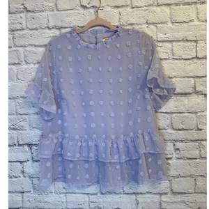 Andree By Unit Ruffle Top Swiss Dot Blouse Flowy Short Sleeve L - Picture 1 of 7