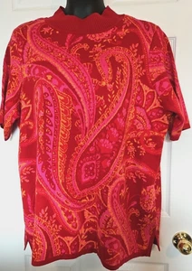 Isaac Mizrahi Size 2X Red Pink Orange Paisley Cotton Blend Sweater SS Pullover - Picture 1 of 4