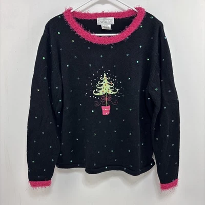 Mandal Bay Ugly Christmas Sweater Black Embroidered Tree Sequins Womens Size L - Image 1 of 4
