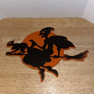 Rare Vintage 1920s 1930s Buzza Co. Halloween Die Cut Witch & Black Cat on Broom. - Picture 1 of 12