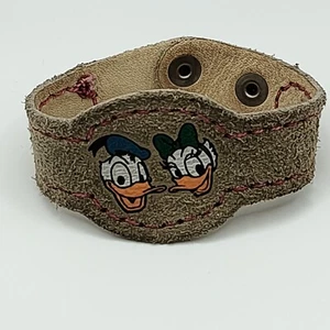 Vintage Donald Duck And Daisy Duck Disney Bracelet Leather Suede Button Snap - Picture 1 of 13