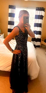 NAVY BLUE FORMAL DRESS W/ TULLE WAIST SIZE 8 NWT BLACK TIE ELEGANT WEDDING - Picture 1 of 12