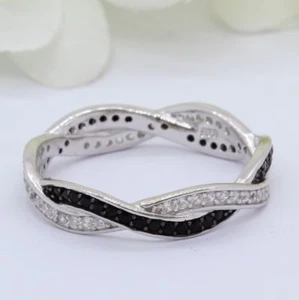 14K White Gold Plated Lab Created Black & Diamond Eternity Band Wedding Ring - Picture 1 of 4