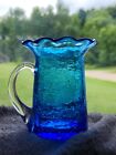 Vintage Hand Blown PiILGRIM GLASS crackle miniature blue pitcher vase (Z2)