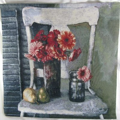 Floral Tapestry Wall Hanging Cristin Atria Country Daisy Porch Scene 26x26" - Image 1 of 4