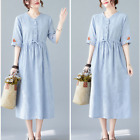 Women Midi Dress Ethnic Floral Embroidery Loose Baggy Drawstring Waist Tunic