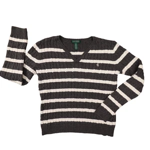Lauren Ralph Lauren Grey White Stripe V Neck Cable Knit Sweater size Medium - Picture 1 of 7