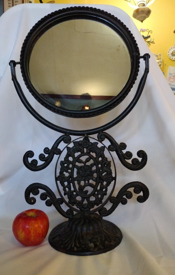 Antiguo espejo de tocador victoriano de hierro fundido rosa floral 19,5" Foto 1 de 4