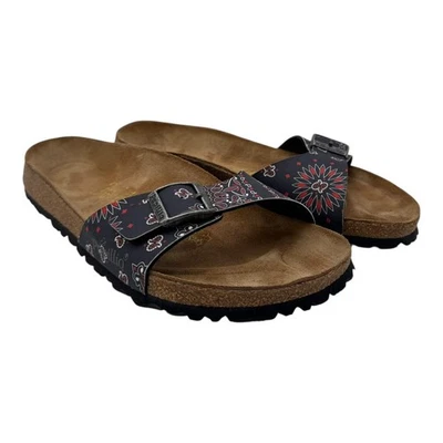 Papillio Birkenstock Madrid Sandals Women 9 Black Red Paisley Cork Slides Shoes - Image 1 of 4