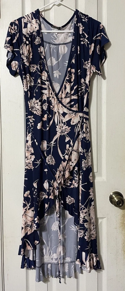 Vestido Venus Grande Azul Rosa Floral Cuello en V Alto Lo Dobladillo Elástico Foto 1 de 4