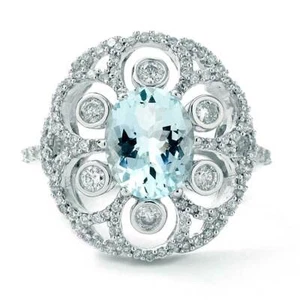 Effy Aquamarine Cocktail Ring in White Gold Floral Motif Halo - Picture 1 of 6