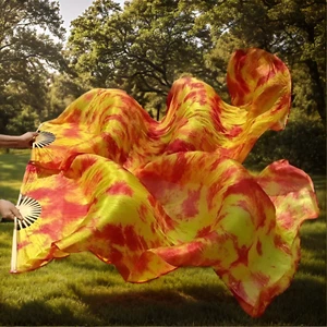 Pair (Left+Right) Belly Dance Carnival Tie-dye Silk Bamboo Fan Veil Red/Yellow - Picture 1 of 4