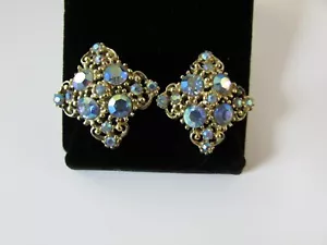 Vintage Rhinestone Earrings Blue Clip Iridescent SPARKLING Old Hollywood Style - Picture 1 of 8