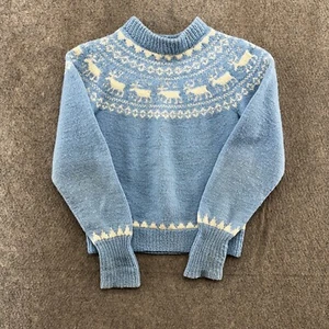 VINTAGE Dannit Sweater Girls Medium Blue Pure Wool Knit Pullover Sweatshirt 90s - Picture 1 of 10