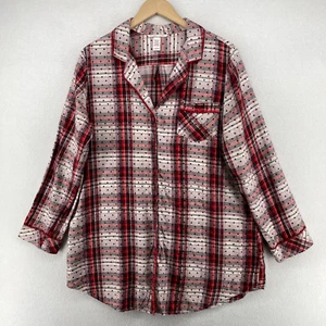 VICTORIAS SECRET Sleepshirt L Flannel Polka Dot Plaid PJ Top Button Front Red - Picture 1 of 11