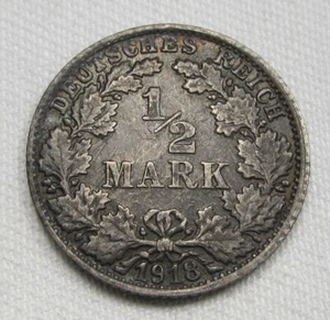 1918-F Germany 1/2 Mark .900 Fine Silver .0801oz XF Coin AE326 - Picture 1 of 2